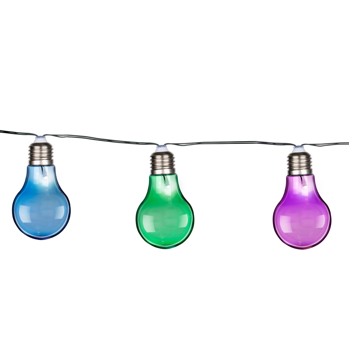Three colorful string light bulbs in blue, green, and purple hanging on a wire against a white background.