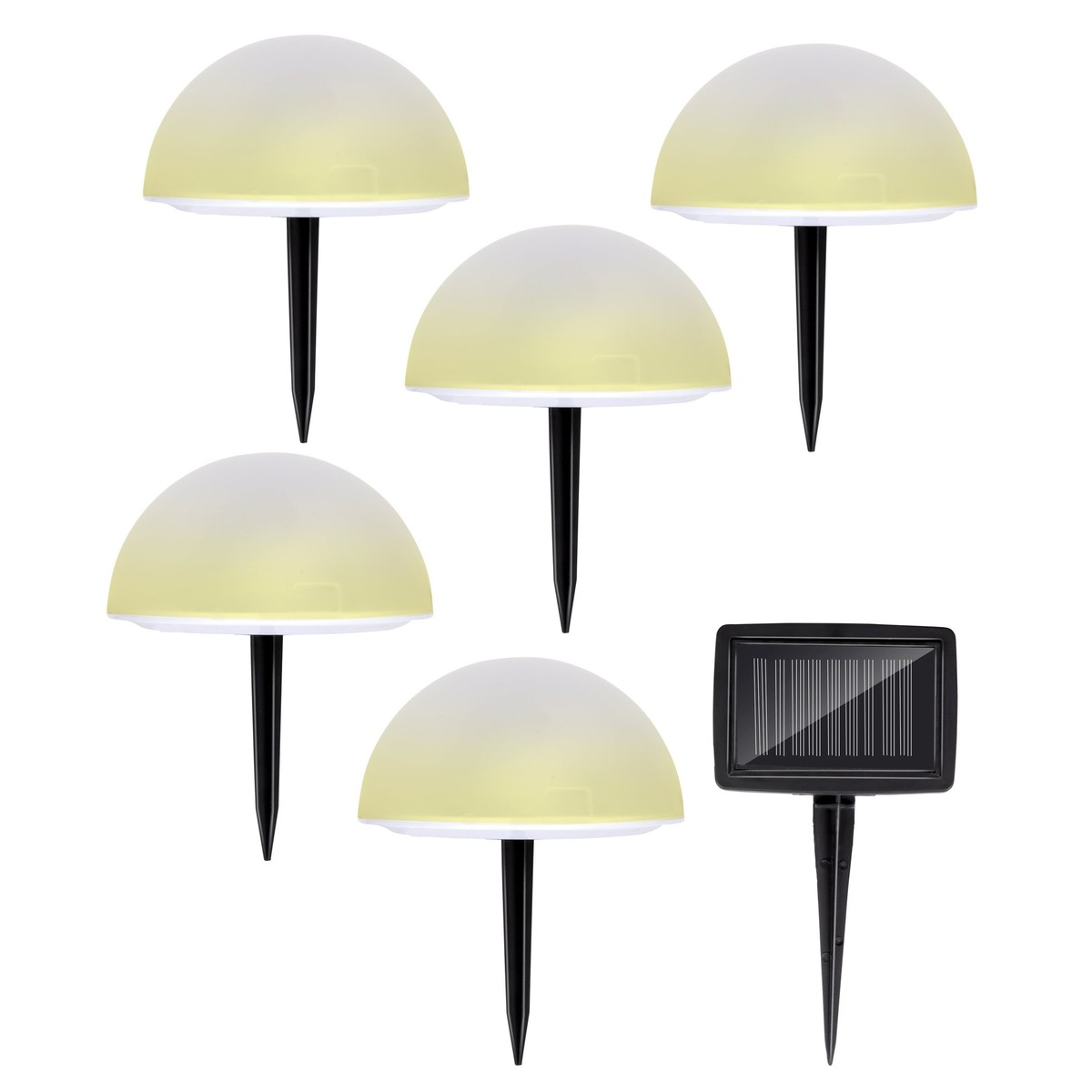 Cinq lampes solaires en dôme avec des piquets noirs et un panneau solaire séparé.