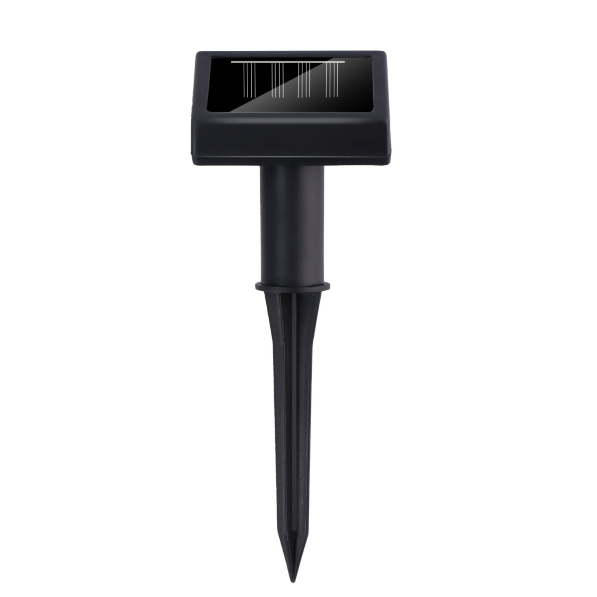A black plastic solar ground spike with a rectangular solar panel on top, isolated on a white background.