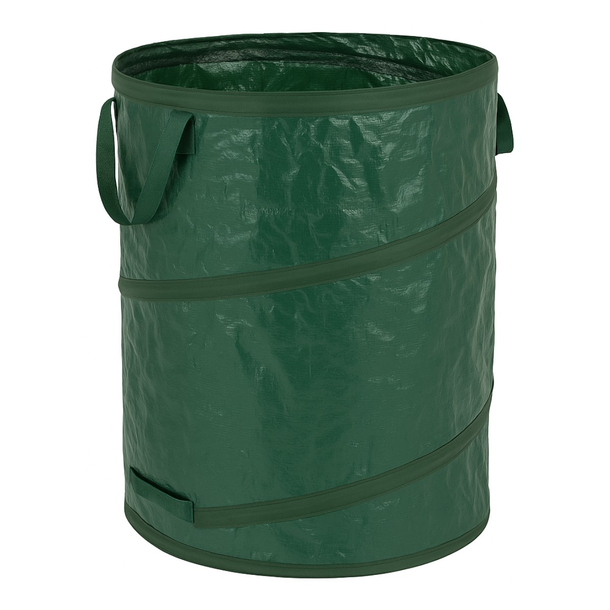 Un grand sac à déchets de jardin vert et rond avec des poignées sur fond blanc.