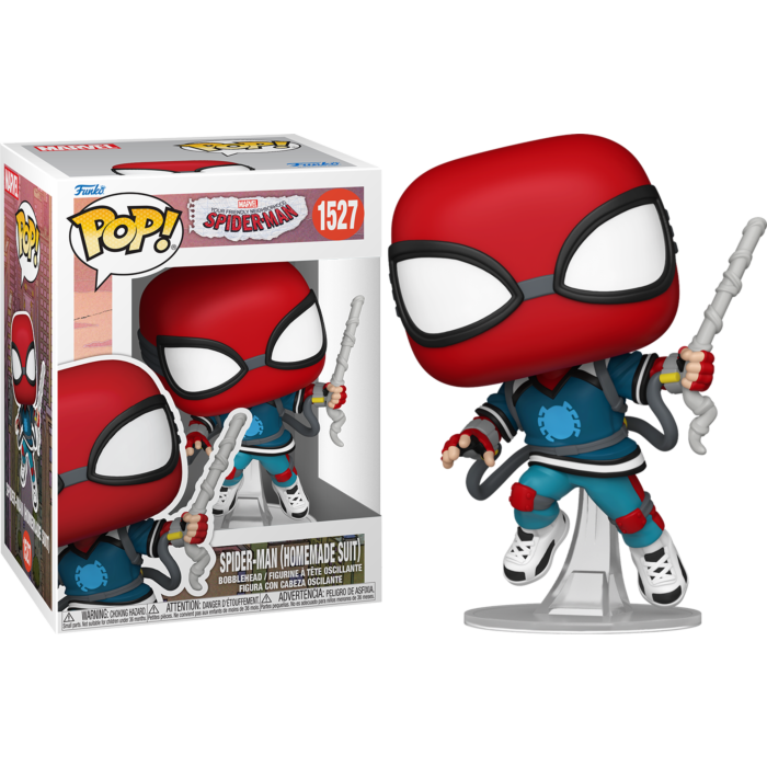 Figura Funko Pop de Spider-Man con traje casero y su caja sobre fondo negro.