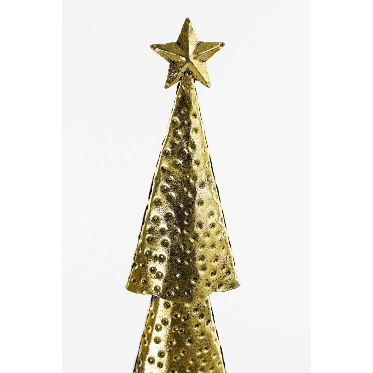 A gold textured Christmas tree with dimples and a star topper, set against a plain white background.