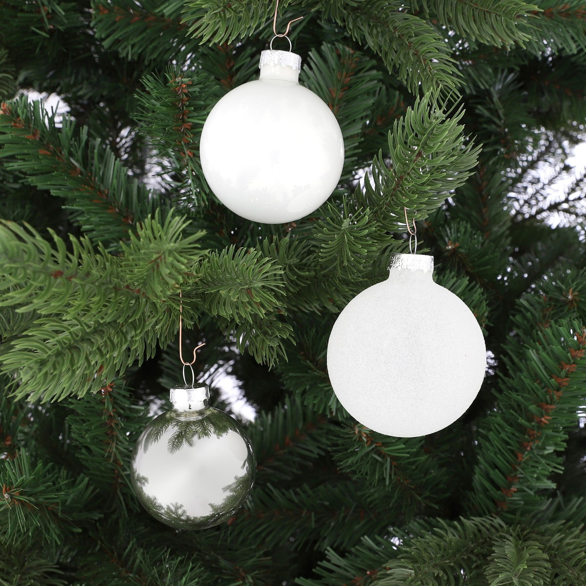 Three Christmas baubles hang on green branches of a Christmas tree: two white ones and one reflective bauble.