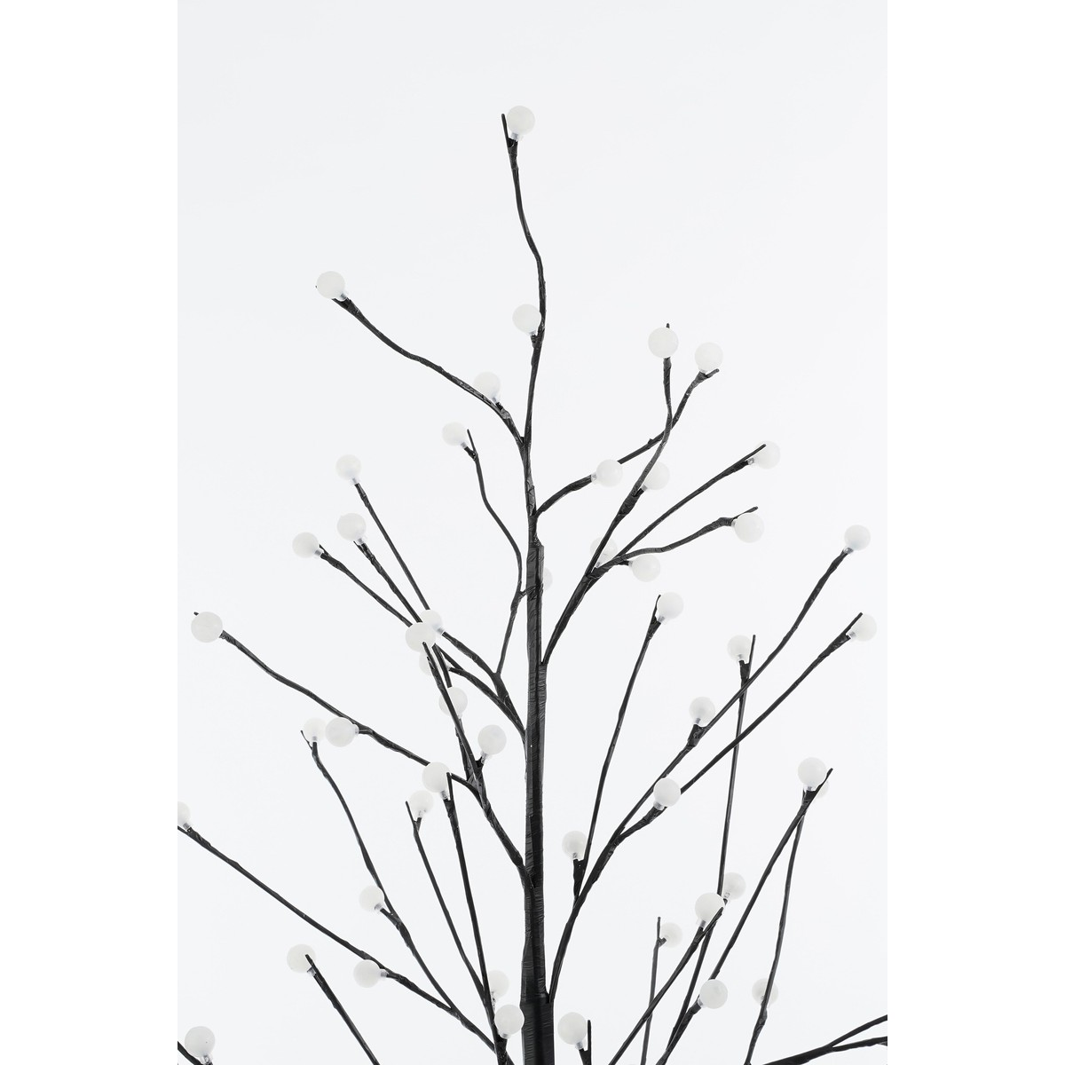 A black, glowing artificial tree with small white lights at the branch tips against a white background.