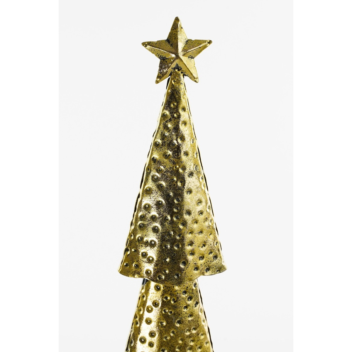 A golden, cone-shaped metal Christmas tree figurine with a textured surface and a star topper.