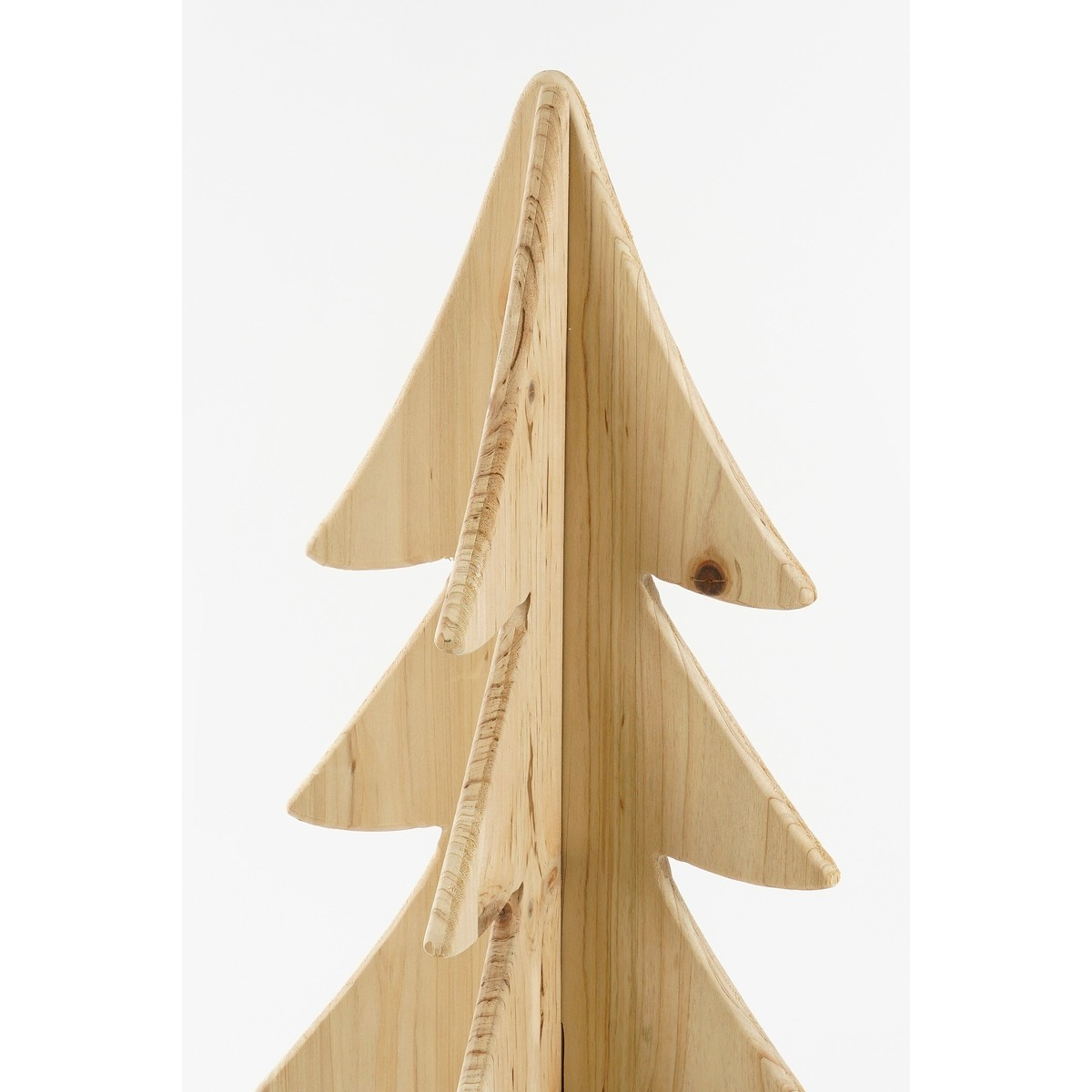 A minimalist light wood Christmas tree with natural wood grain against a plain white background.