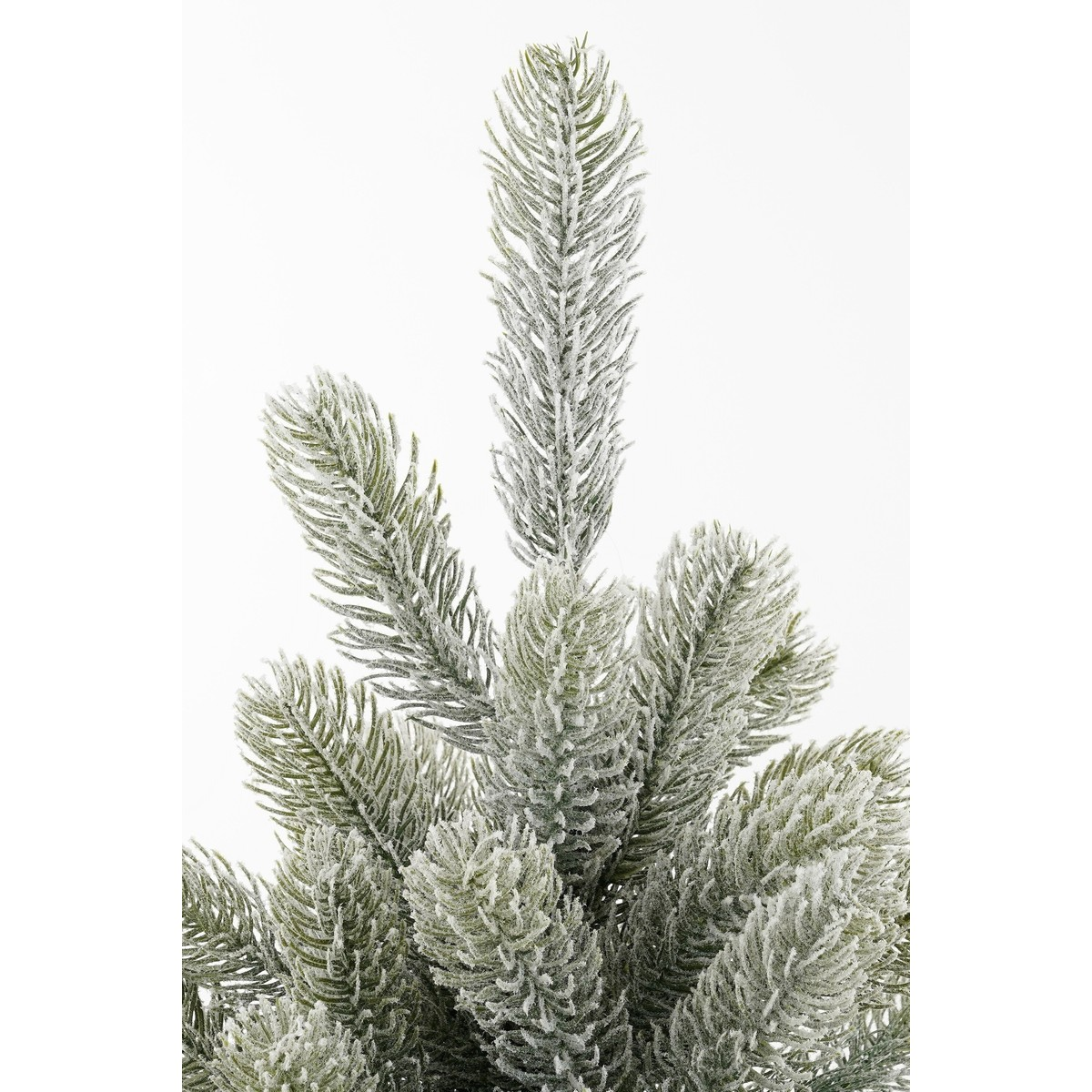 Close-up of artificial green fir tree branches dusted with artificial snow against a light background.