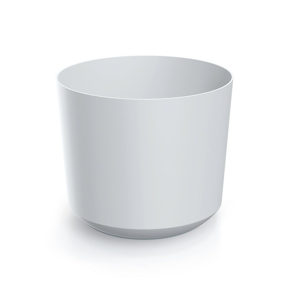 A simple, round white plant pot stands on a white background.