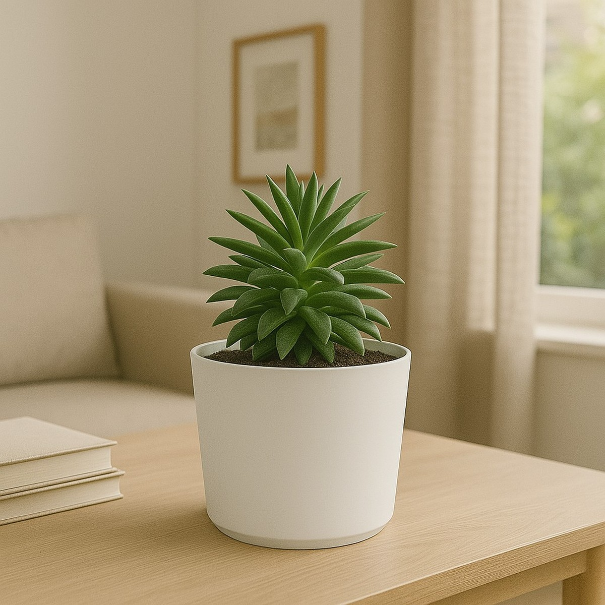 A potted succulent sits on a wooden table in a living room, with books nearby and a blurred background.
