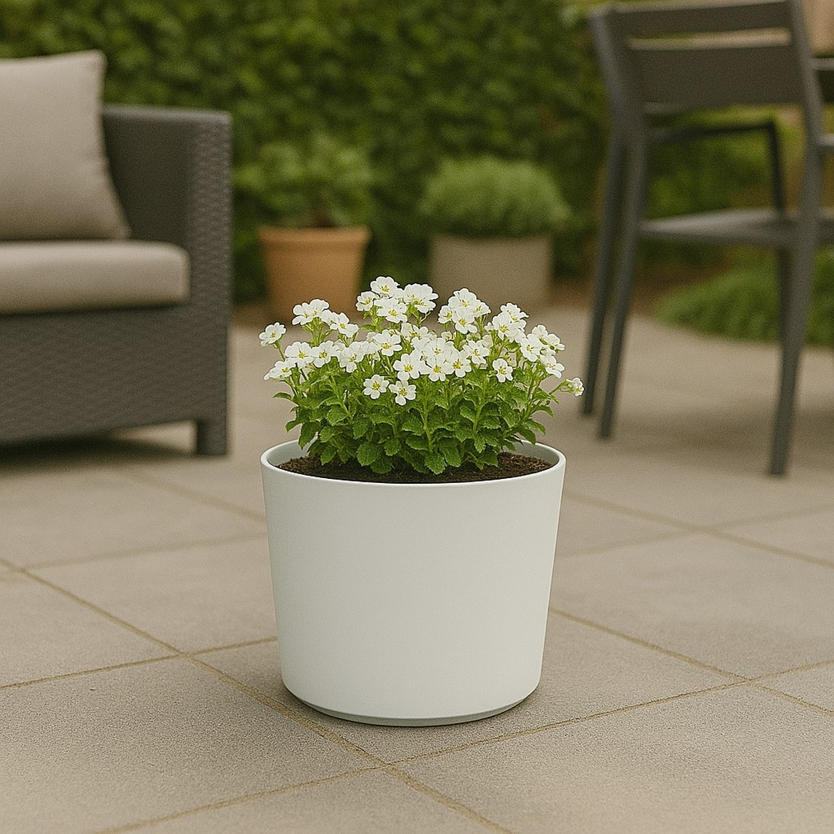 A white pot with small white flowers sits on a patio floor, surrounded by outdoor furniture.