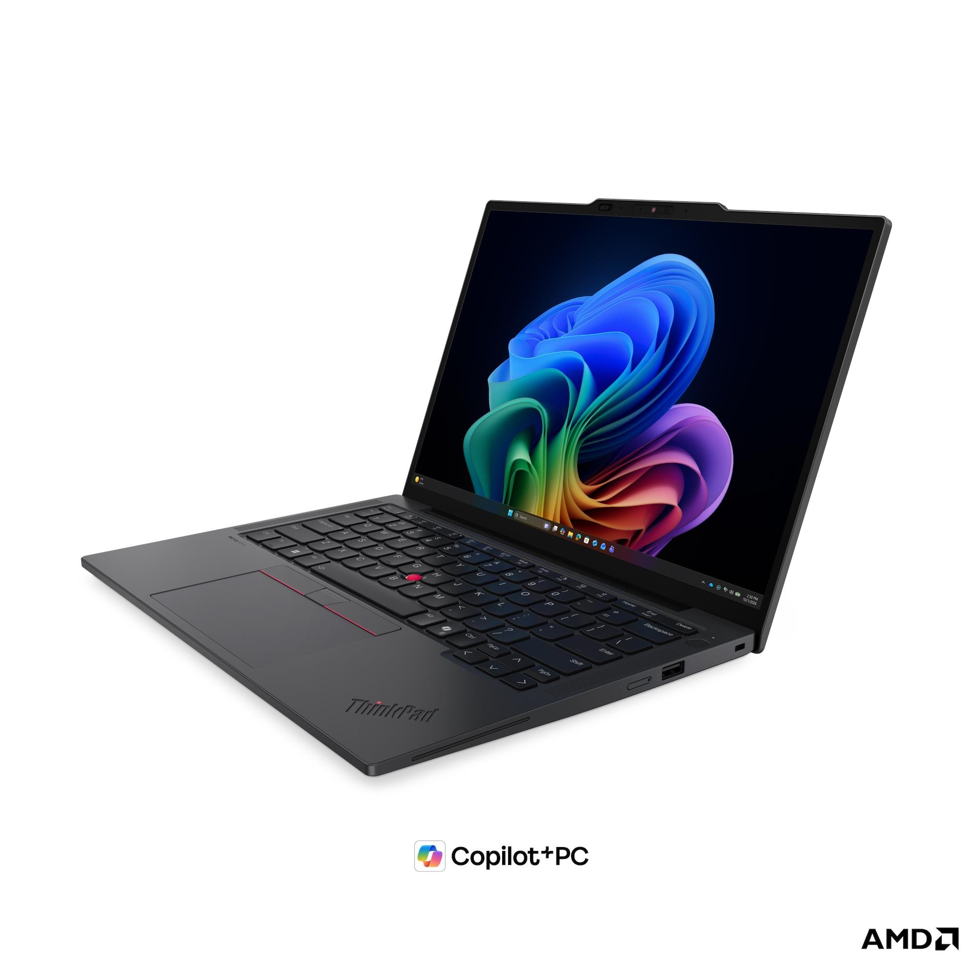 Un computer portatile ThinkPad nero con uno sfondo astratto colorato sullo schermo, su sfondo bianco.