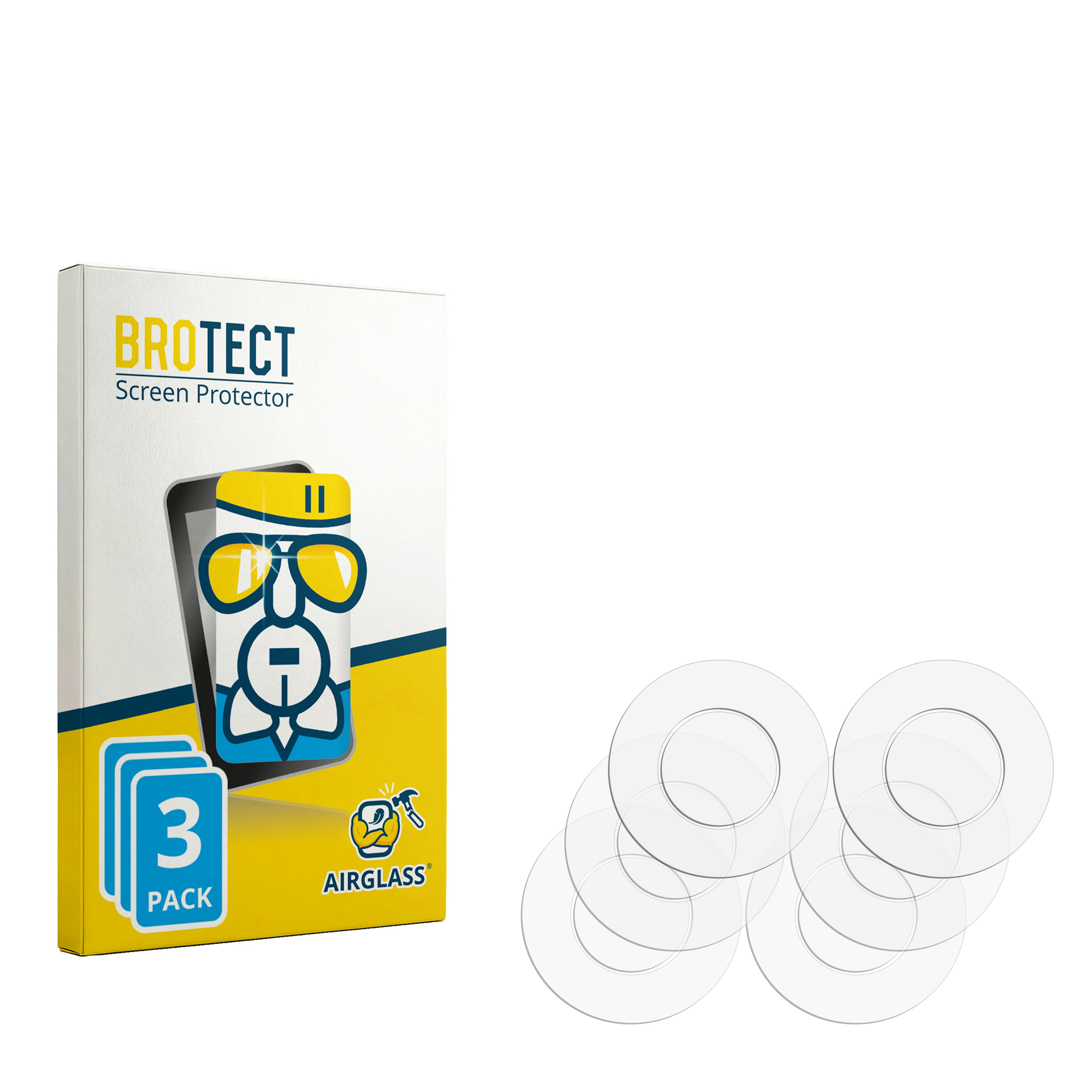 BROTECT AirGlass Displayschutzfolie 3er-Pack mit Verpackung und kreisrunden Schutzfolien.