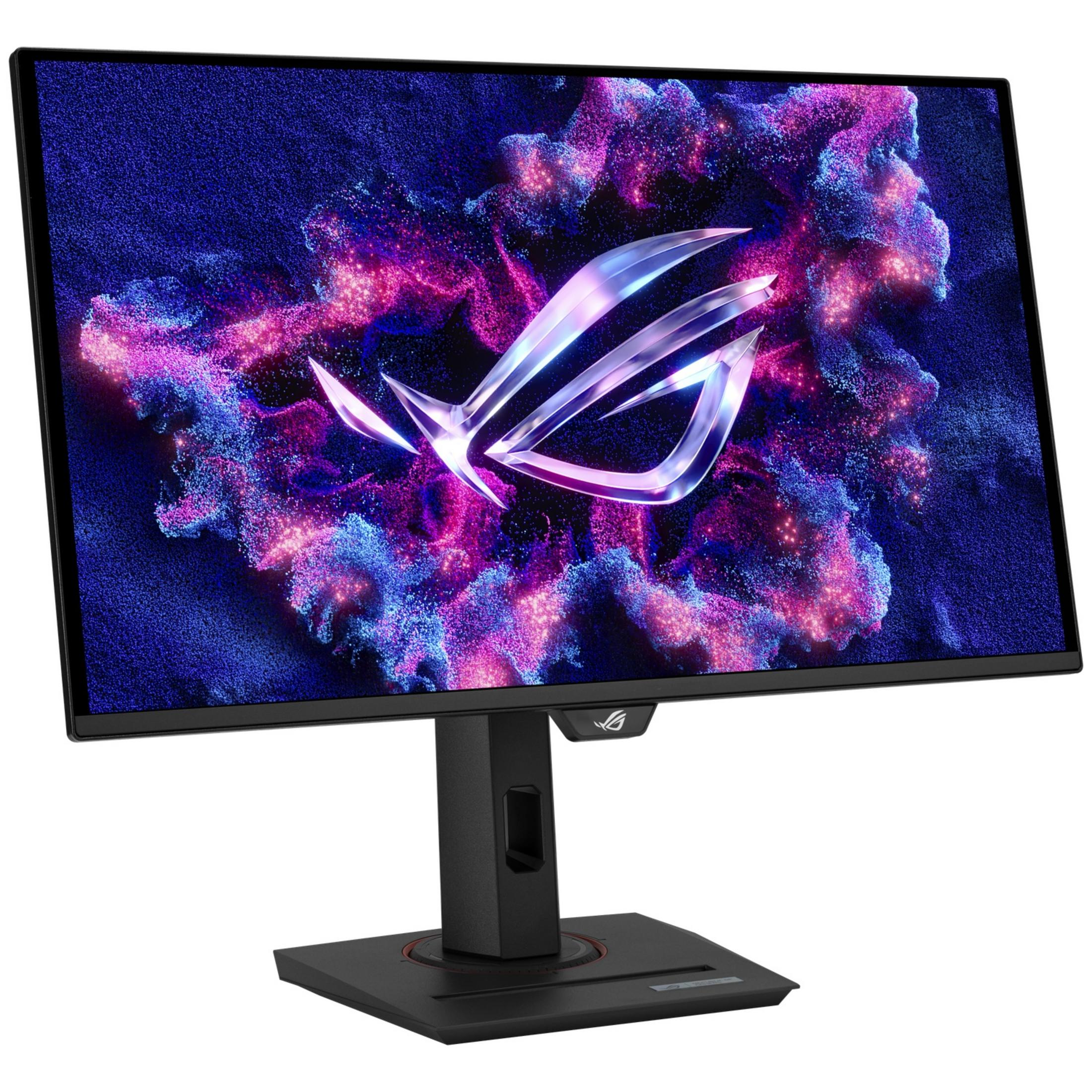 Un monitor da gioco ROG nero mostra uno sfondo colorato viola-blu con un logo lucido.