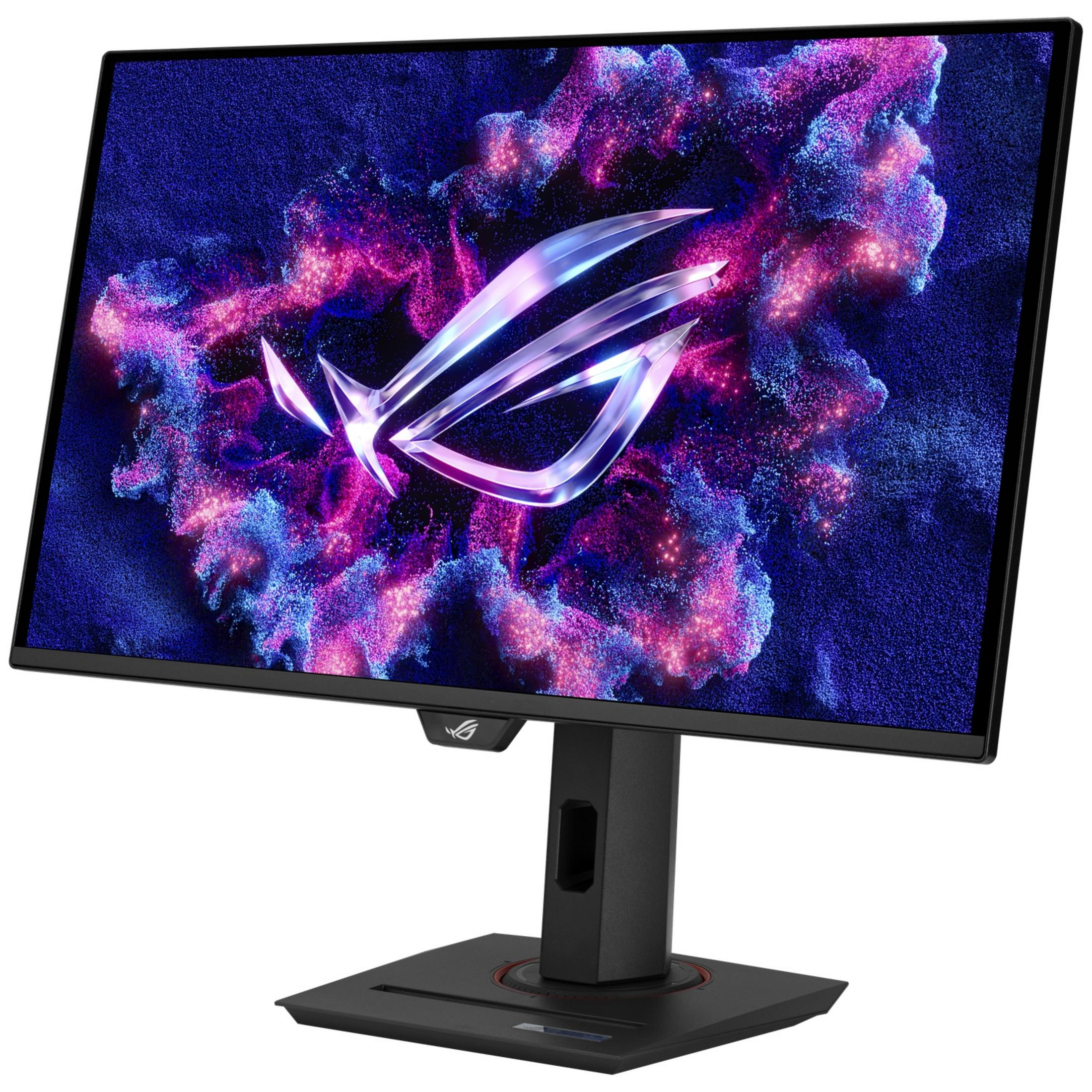 Un monitor di computer nero su supporto mostra uno sfondo colorato e astratto con un logo luminoso.