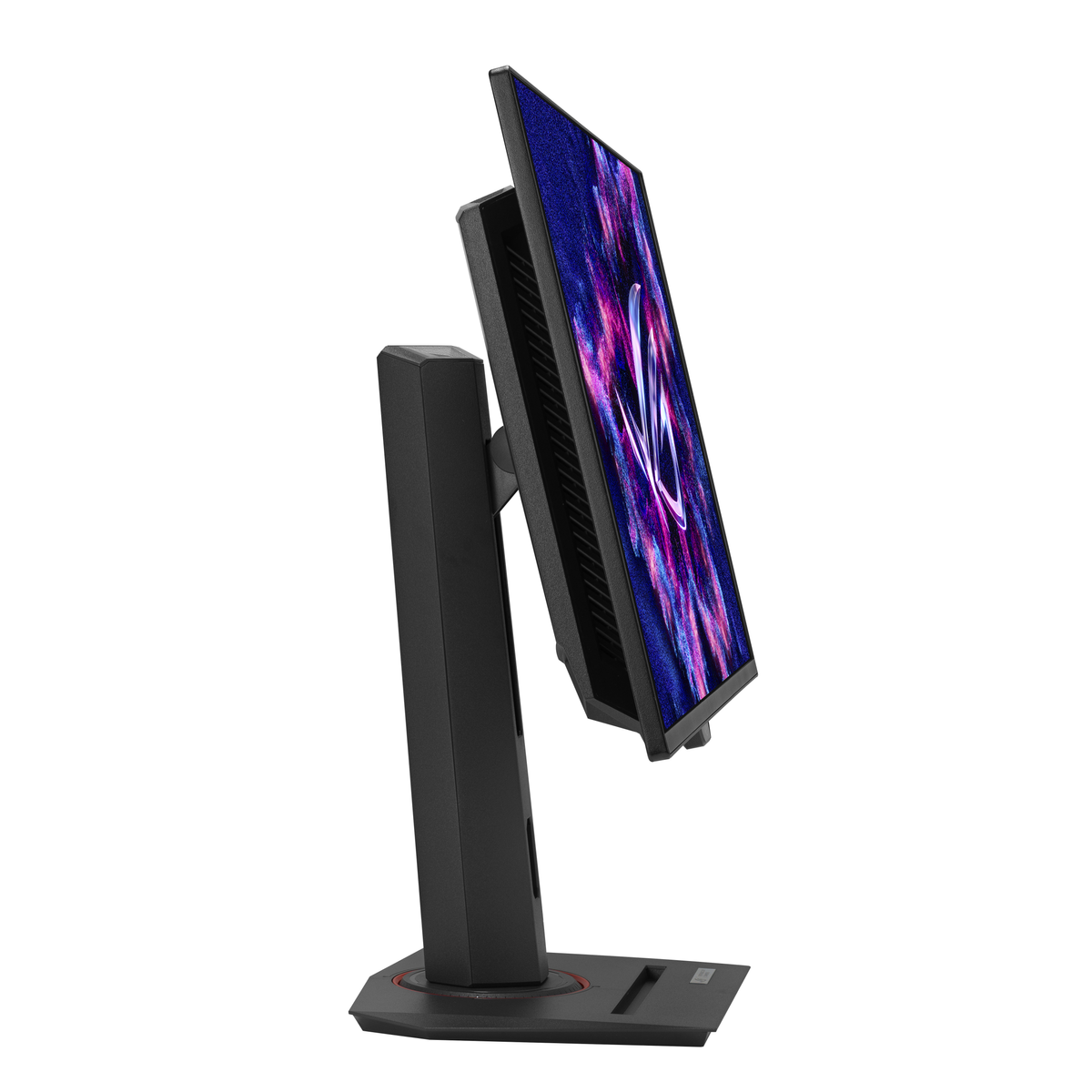 Un monitor per computer nero su supporto con un'immagine colorata e astratta su sfondo bianco.
