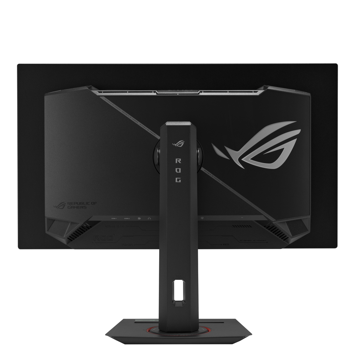 Vista posteriore di un monitor da gioco ASUS ROG nero con supporto su sfondo bianco.
