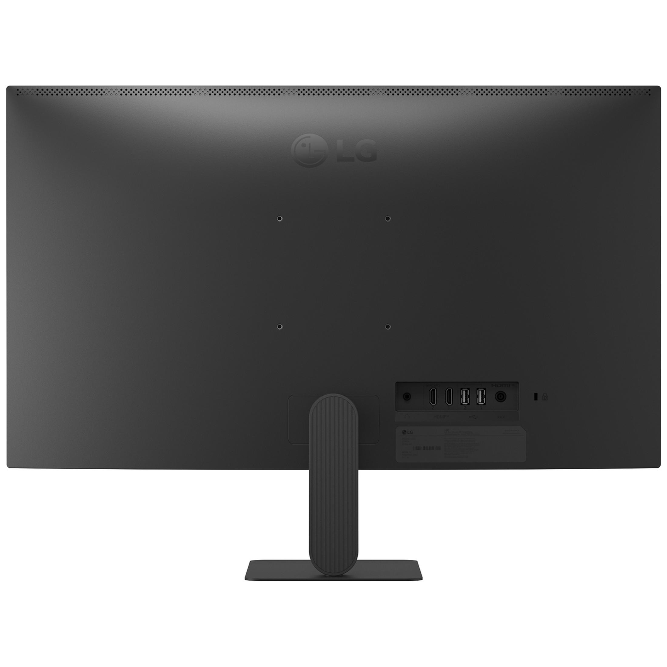 Vista posteriore di un monitor LG nero con supporto e porte visibili.