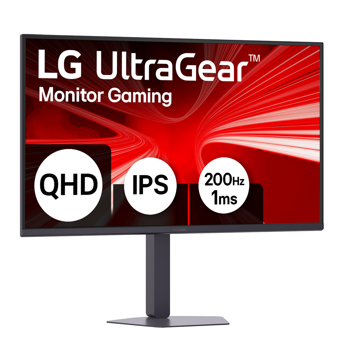 Monitor dla graczy LG UltraGear z czerwoną grafiką i napisem QHD, IPS, 200Hz.