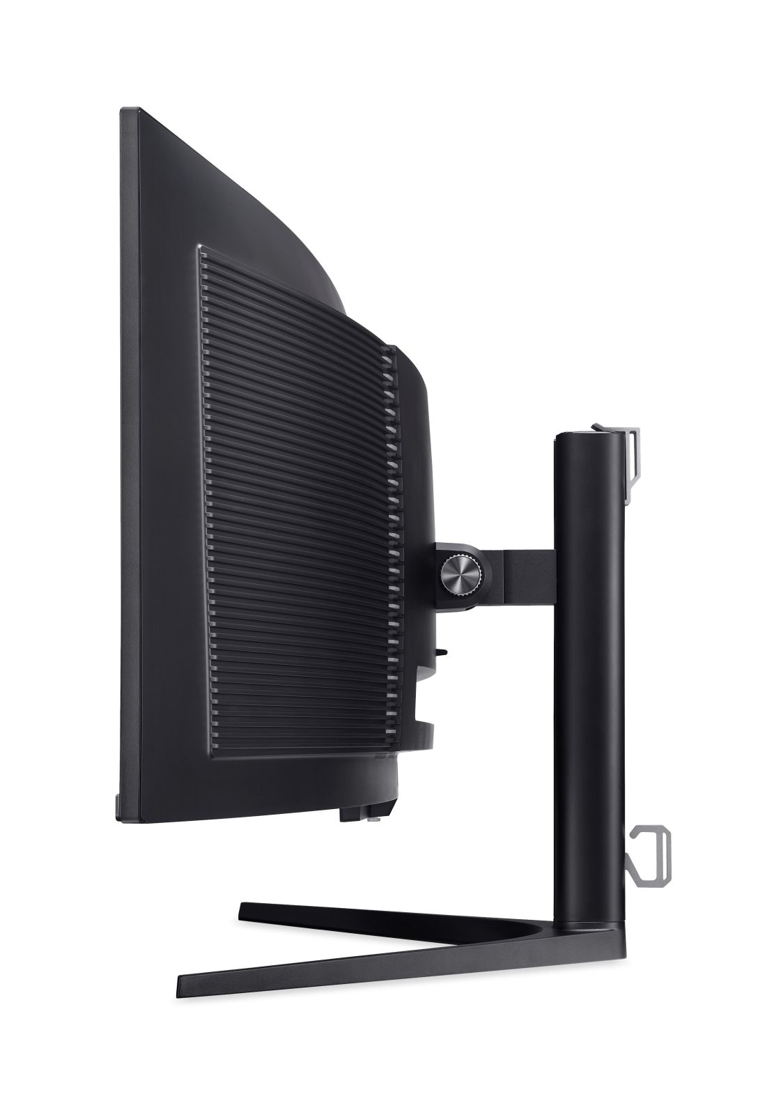 Vista laterale di un monitor nero curvo su un supporto regolabile.