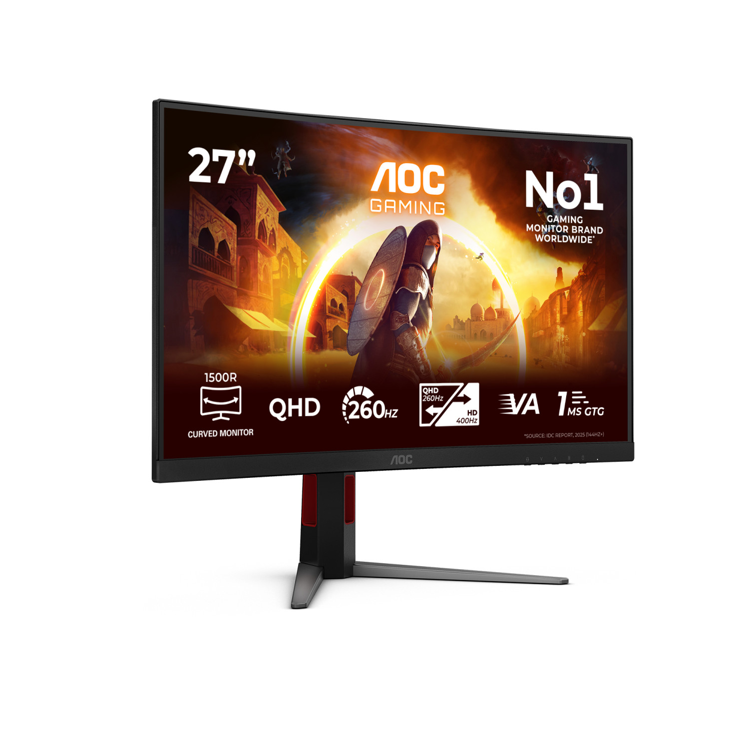 Un monitor da gioco curvo AOC da 27 pollici con scena fantasy e specifiche come QHD, 260Hz e 1ms GTG.