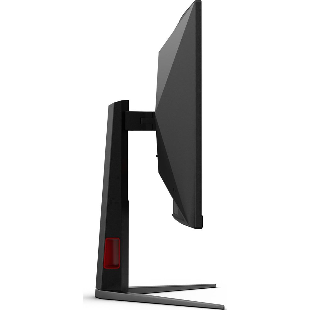 Vista laterale di un monitor nero su supporto con un dettaglio rosso su sfondo bianco.