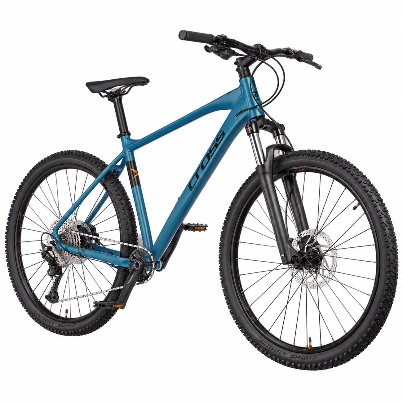 Ein blaues Cross-Mountainbike mit schwarzen Reifen und Lenker vor weißem Hintergrund.