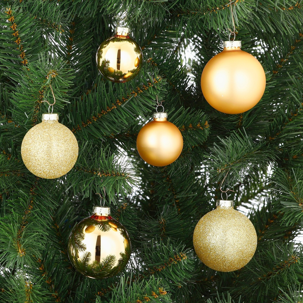 Golden Christmas baubles in various finishes hang on the green branches of a Christmas tree.