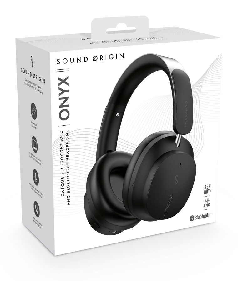 Weiß-schwarze Produktverpackung für Sound Origin Onyx ANC Bluetooth-Kopfhörer mit abgebildetem Kopfhörer.