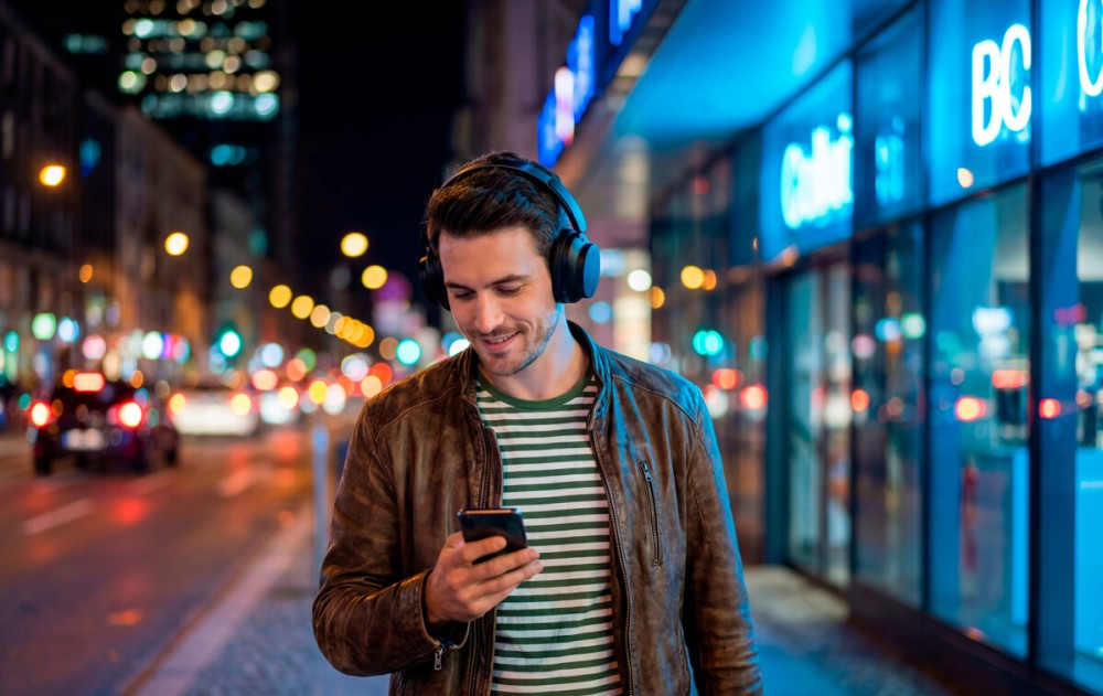 Ein junger Mann mit Kopfhörern nutzt nachts auf einer hell erleuchteten Stadtstraße sein Smartphone.