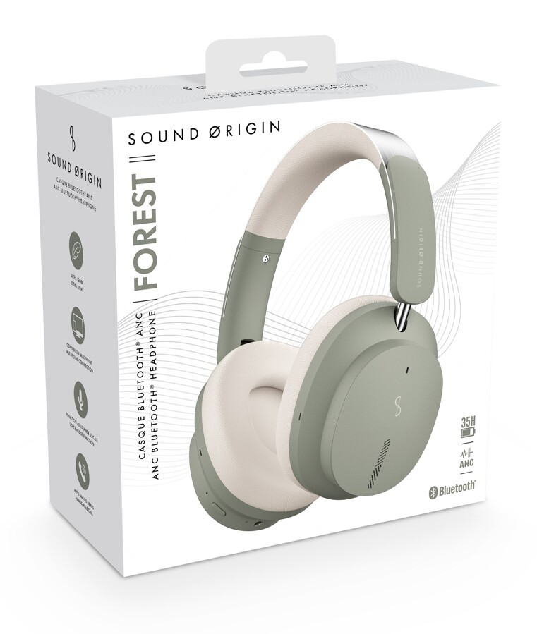 Drahtlose Sound Origin Forest Kopfhörer in Salbeigrün in ihrer Produktverpackung.