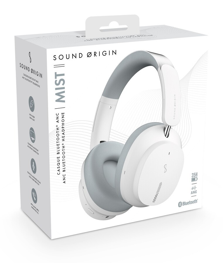 Weiße Sound Origin Mist Bluetooth-Kopfhörer in ihrer Produktverpackung.