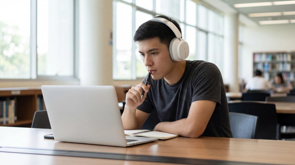 Ein Student mit Kopfhörern sitzt in einer Bibliothek vor einem Laptop und hält einen Stift an den Mund.