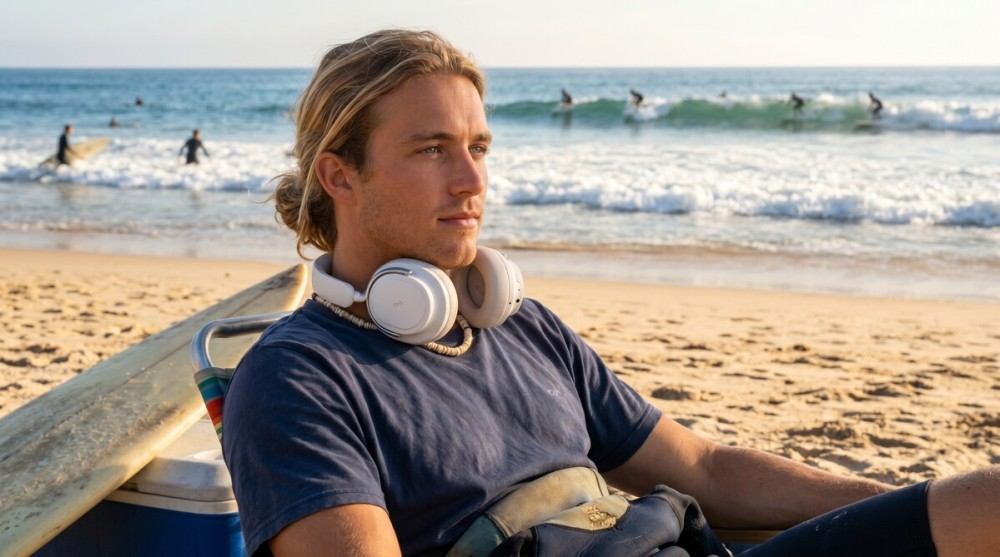 Ein blondhaariger Mann mit Kopfhörern sitzt am Strand vor dem Meer mit Surfern.