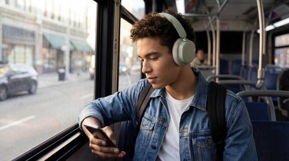 Ein junger Mann mit Kopfhörern sitzt in einem Bus am Fenster und schaut auf sein Smartphone.