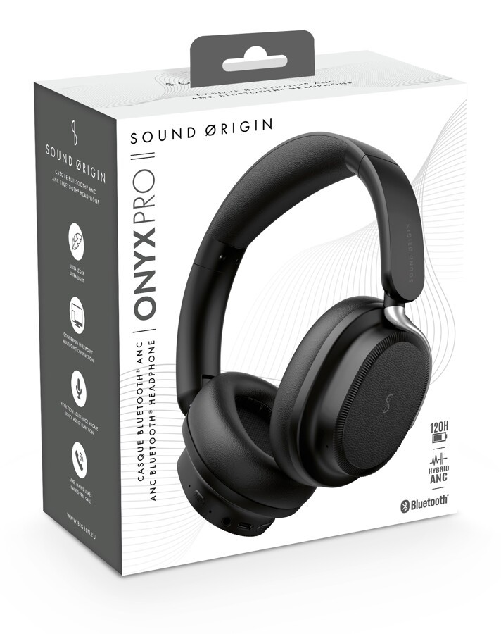 Verpackung von Sound Origin Onyx Pro Bluetooth-Kopfhörern in Schwarz auf weißem Hintergrund.