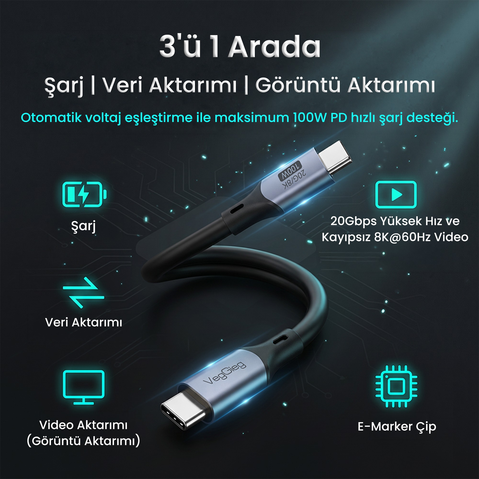 Koyu arka planda metalik konektörlere sahip siyah bir USB-C kablosu.