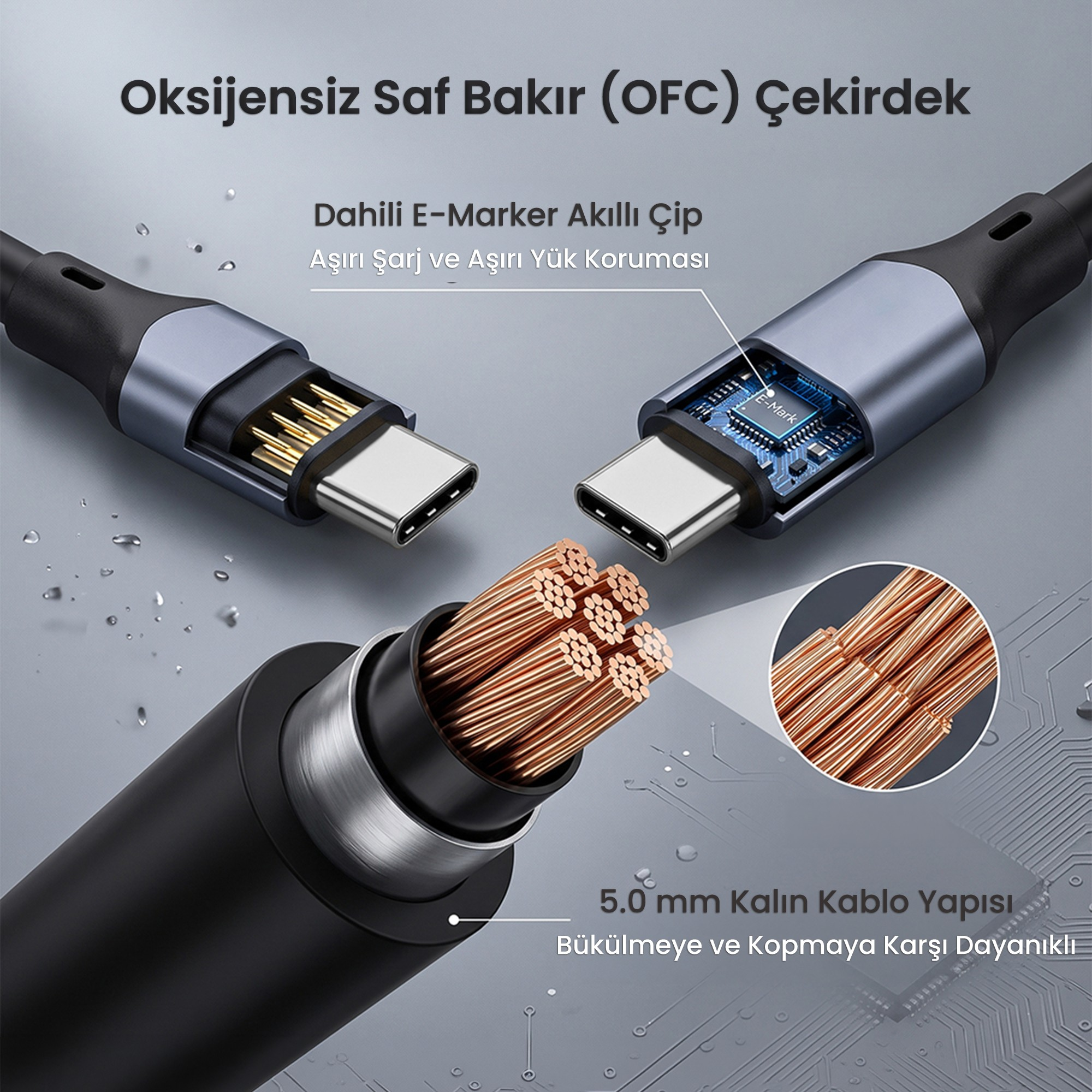 Bakır çekirdek, E-Marker çip ve dayanıklı 5.0 mm dış katmanı gösteren USB-C kablo detayları.