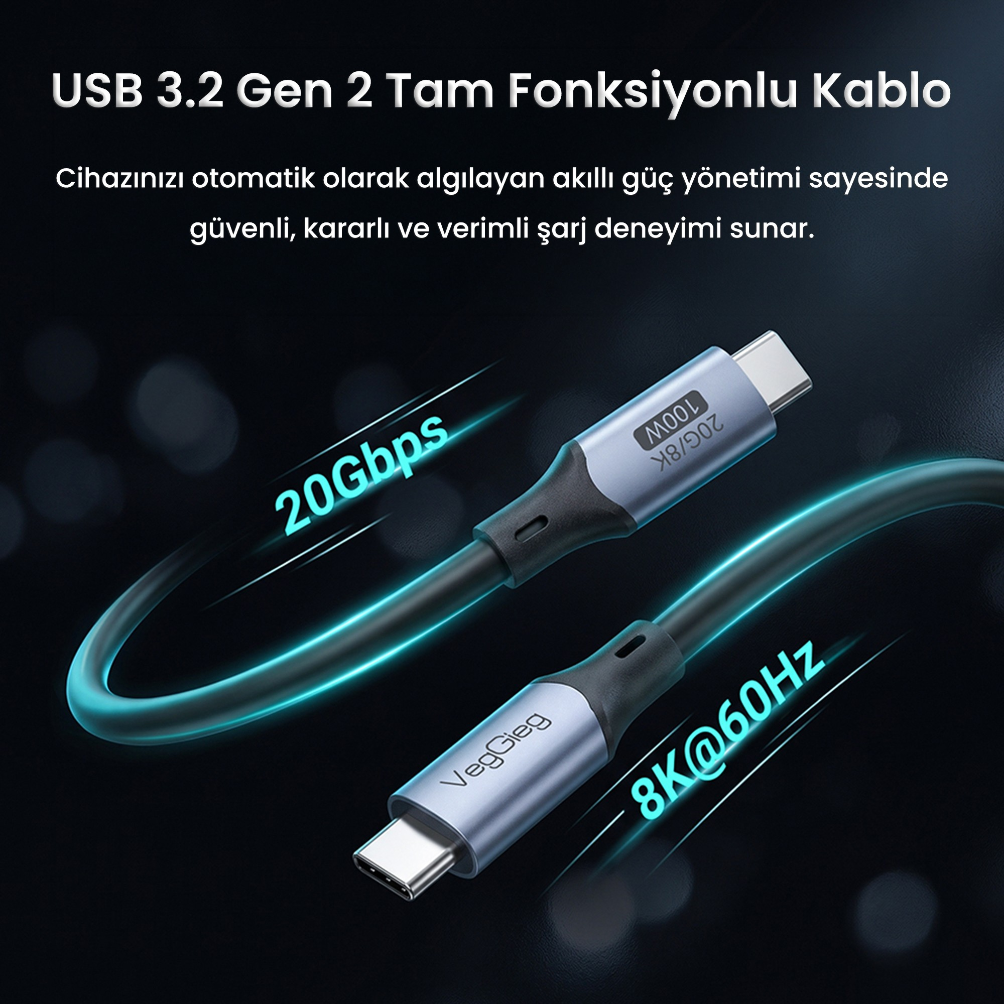 Koyu arkaplanda 20Gbps hız ve 8K@60Hz destekli USB 3.2 Gen 2 tam fonksiyonlu kablo.