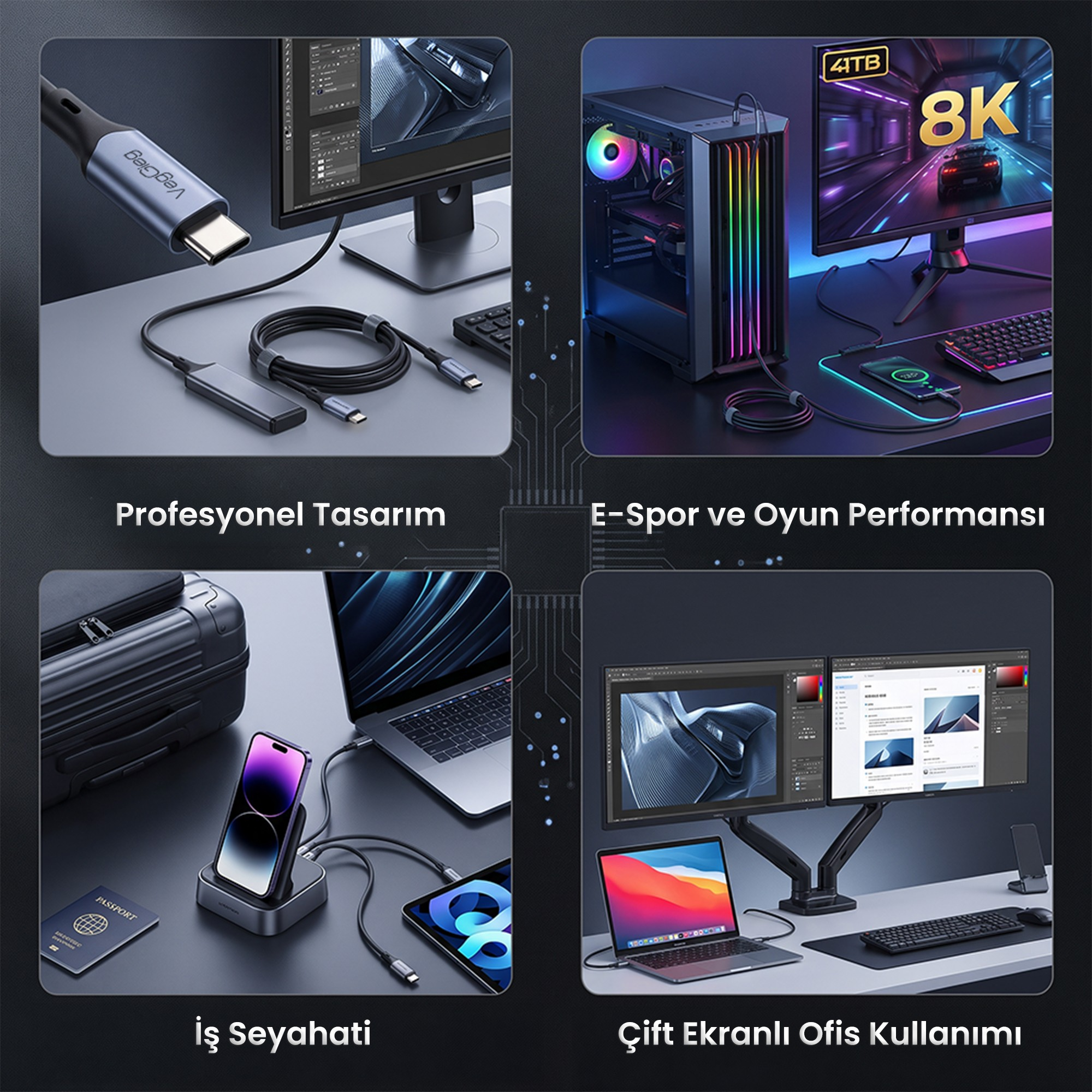 Dört panel, oyun, ofis ve seyahat gibi çeşitli ortamlarda USB-C kablo ve hub'ları gösterir.