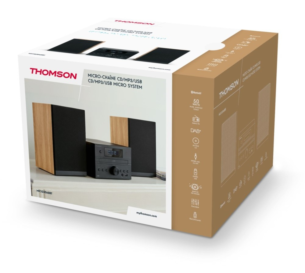 Opakowanie mikrowieżysystemu Thomson CD/MP3/USB z obrazem głośników i jednostki centralnej na białym.