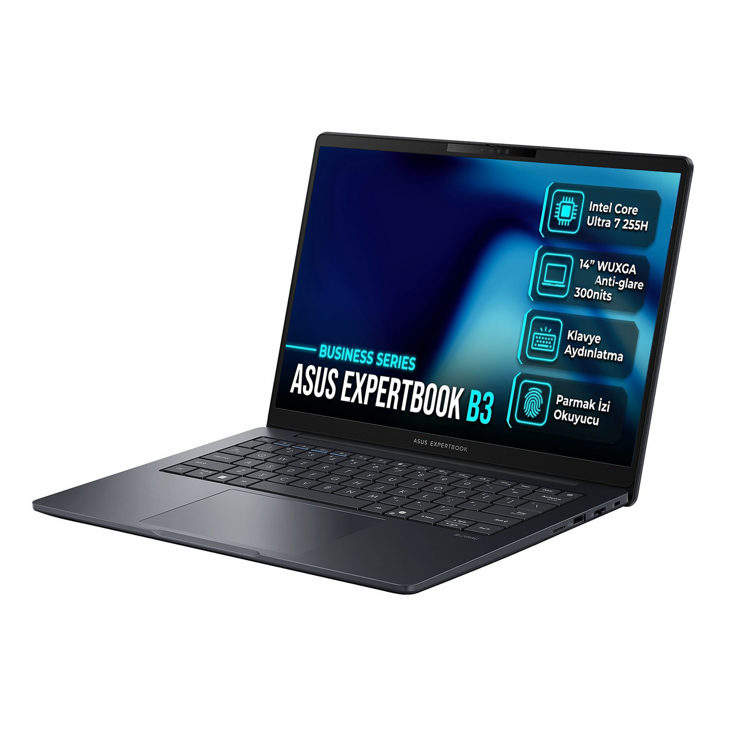 Ekranında teknik özellikler bulunan koyu gri renkli ASUS ExpertBook B3 iş dizüstü bilgisayarı.