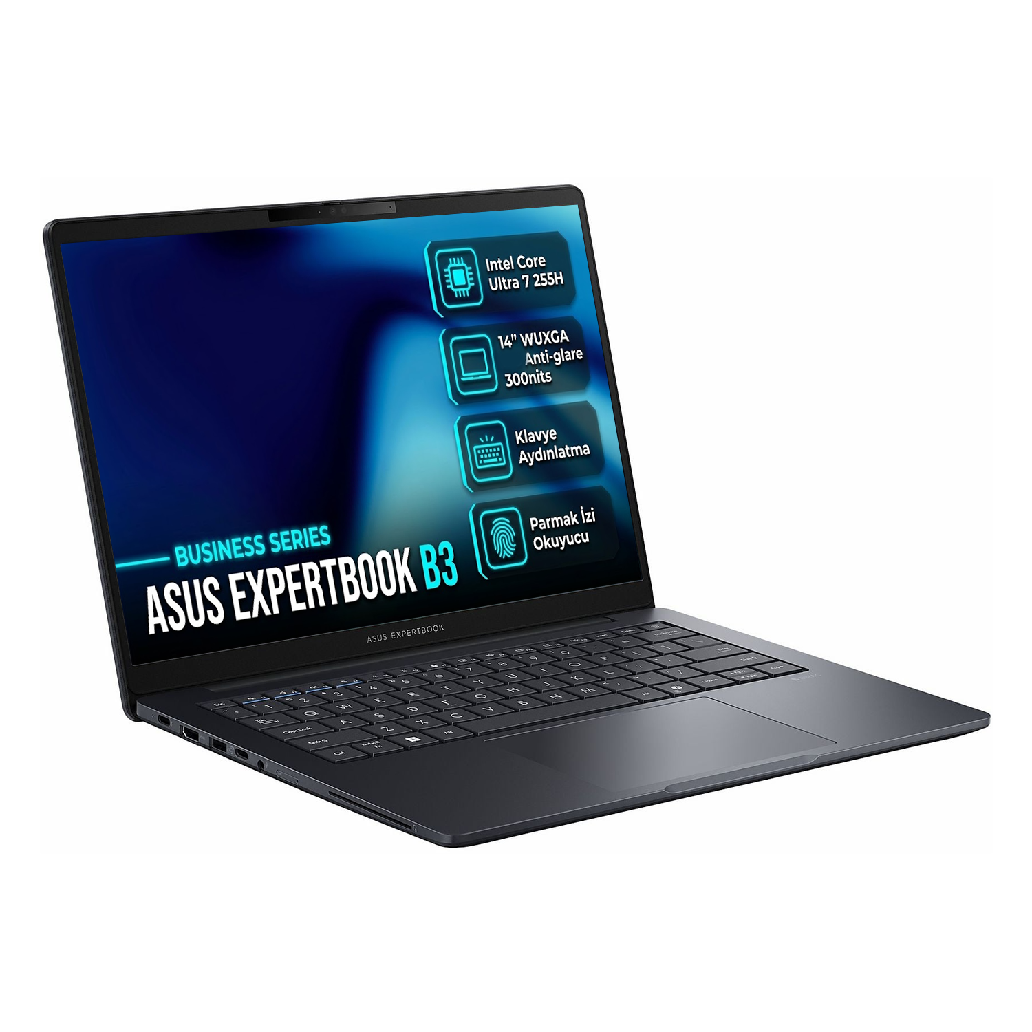 Ekranında özellikler ve arkadan aydınlatmalı klavye bulunan açık koyu gri Asus Expertbook B3 dizüstü bilgisayar.