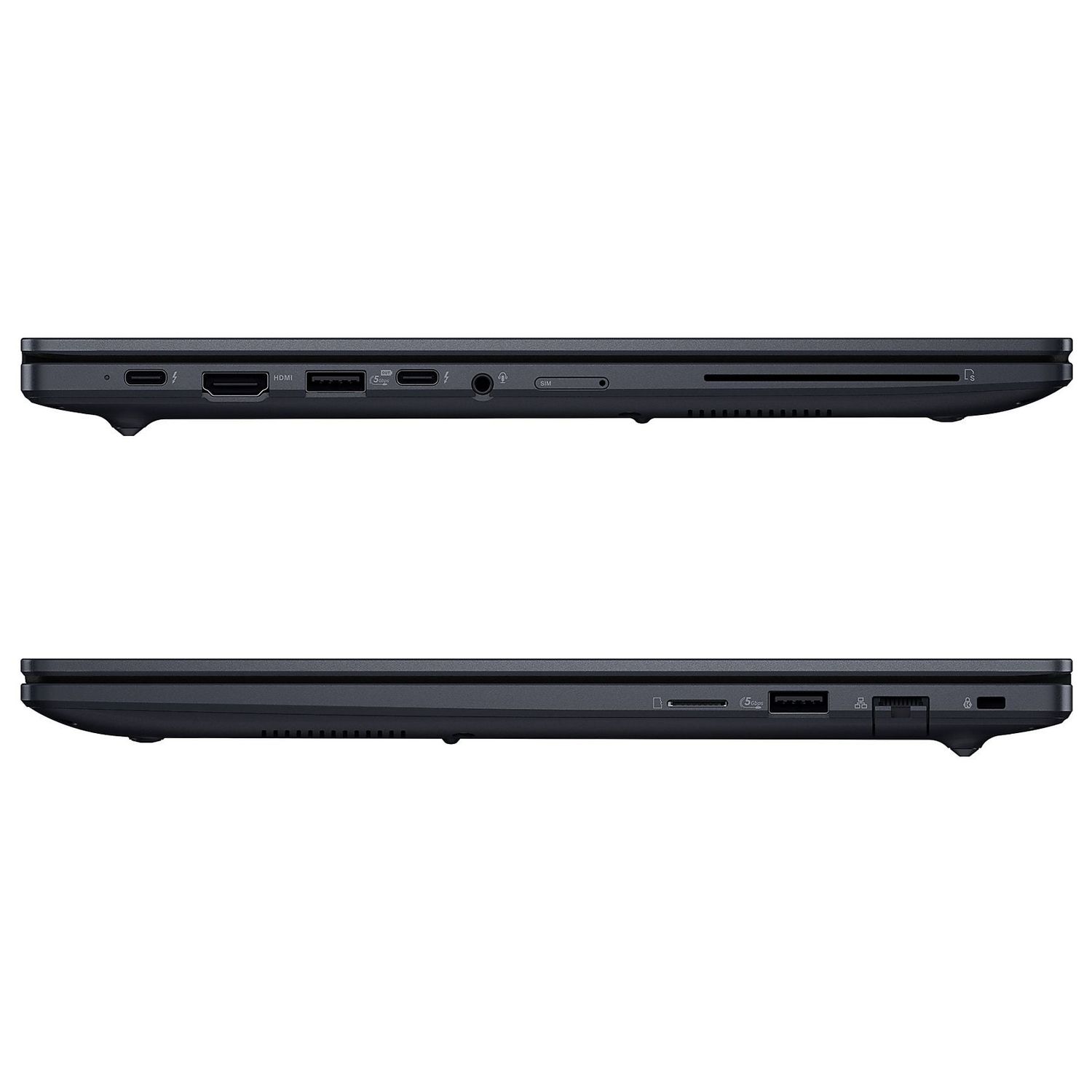 Beyaz arkaplanda HDMI ve USB-C gibi çeşitli portları gösteren siyah dizüstü bilgisayarın yan görünümleri.