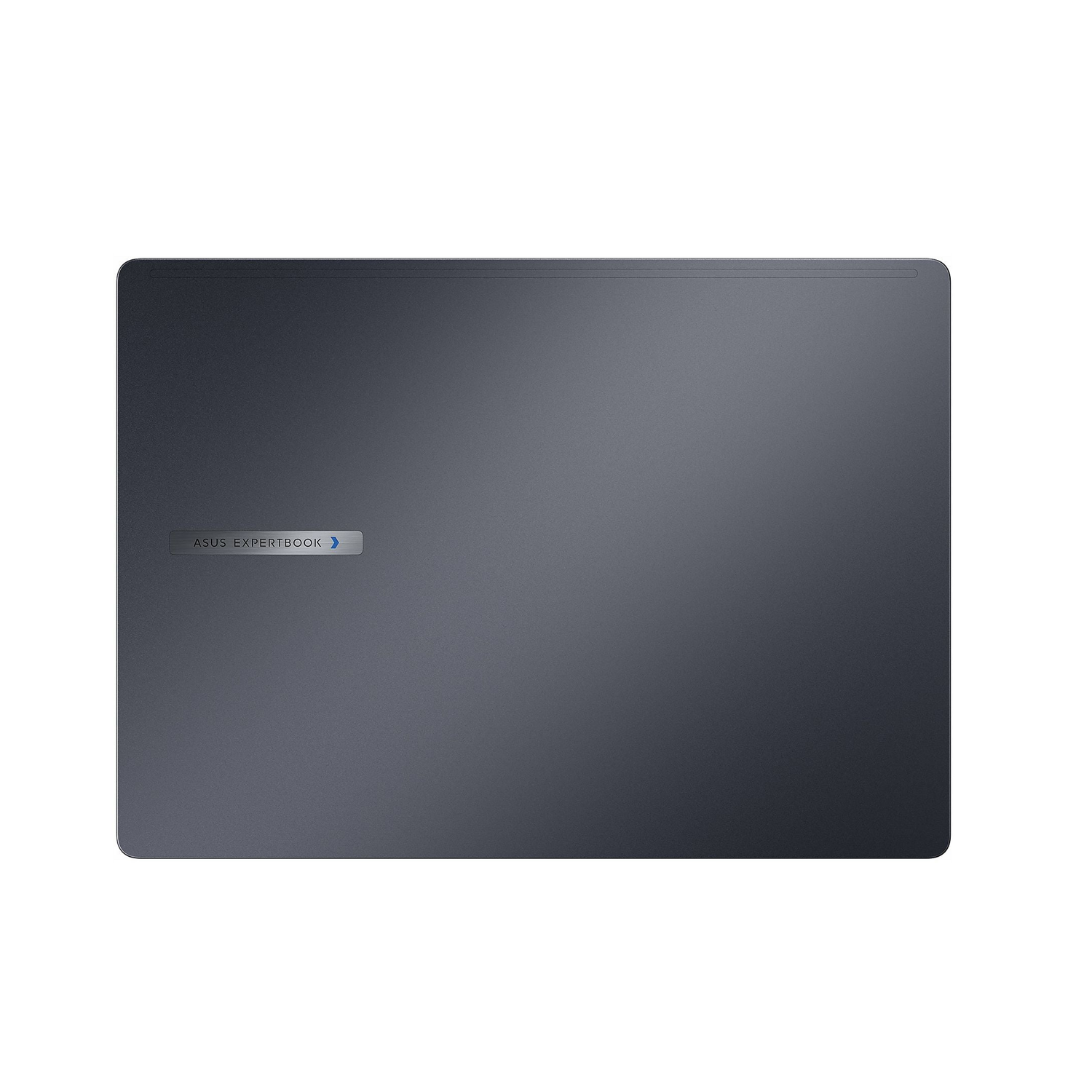 Metalik yüzeyi ve logosu görünen kapalı koyu gri bir Asus ExpertBook dizüstü bilgisayarın üstten görünümü.