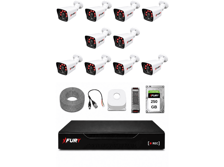 FURY 10 Kameralı 2MP 1080P Full HD 6 Atom LED Gece Görüşlü 250GB HDD 5525 Güvenlik Kamera Seti Beyaz