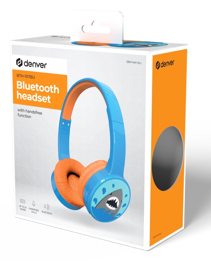 Opakowanie niebiesko-pomarańczowych słuchawek Bluetooth Denver BTH-107BU z motywem rekinia na nauszniku.