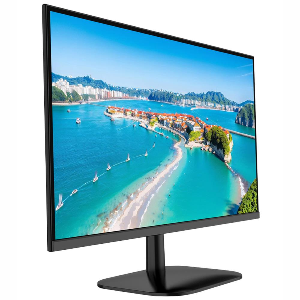 Un monitor per computer nero con cornice sottile mostra la vista aerea di una città costiera.