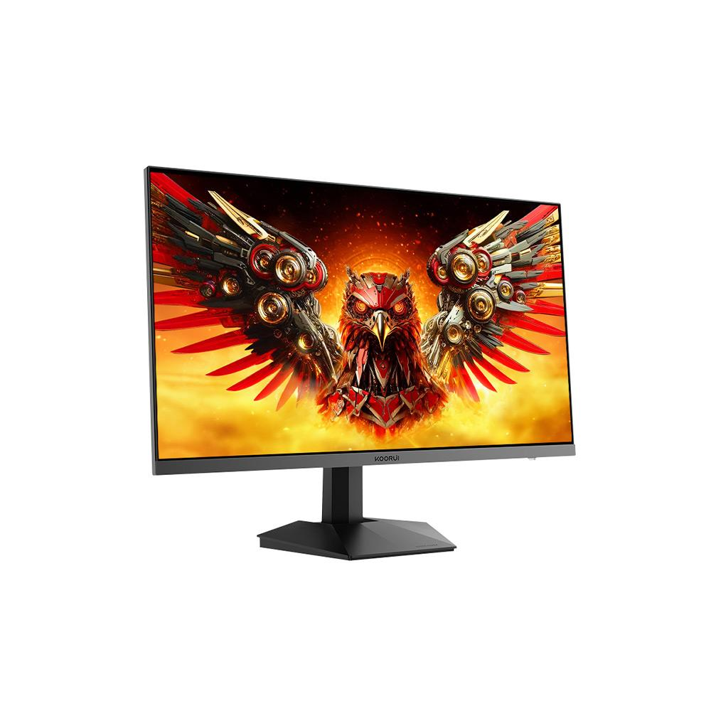 Un monitor nero mostra lo sfondo di un gufo robotico rosso e oro.