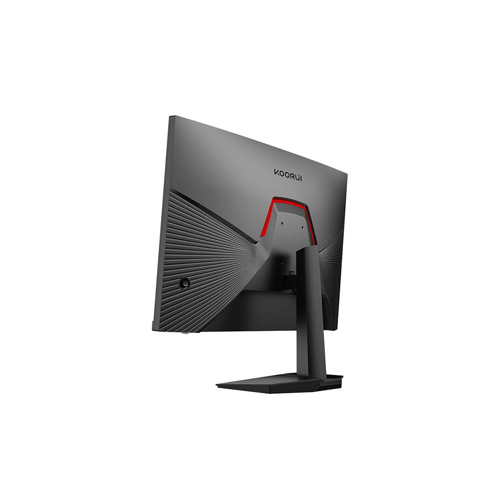 Vista posteriore di un monitor nero Koorui con design a coste e luce LED rossa.