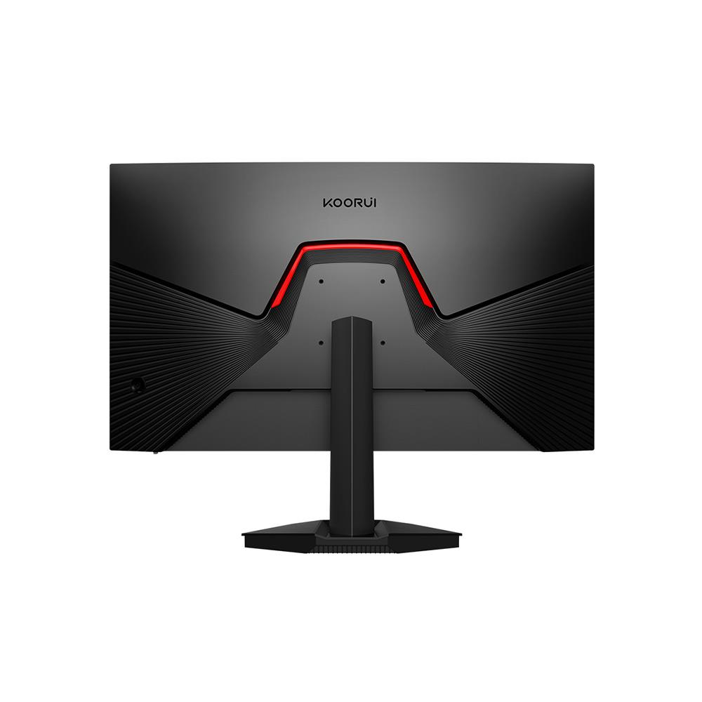 Vista posteriore di un monitor da gioco Koorui nero con luce LED rossa e supporto solido.
